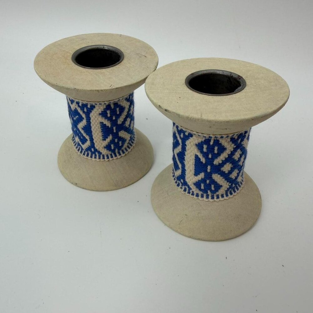 Vintage Spool Candlestick Holders Pair Wood Woven Blue White Boho Scandi Decor 3